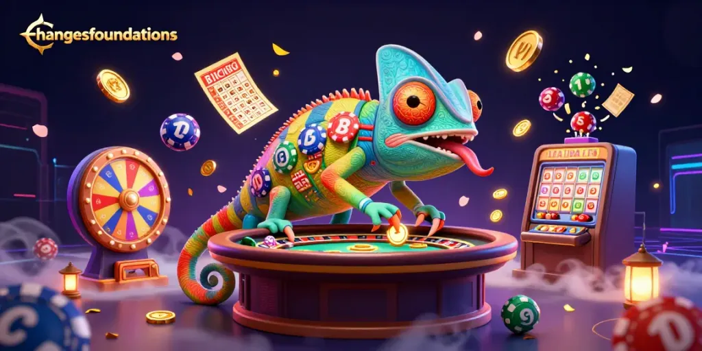 Experience vibrant gameplay dynamics in changesfoundations with a colorful casino scene featuring our chameleon host.