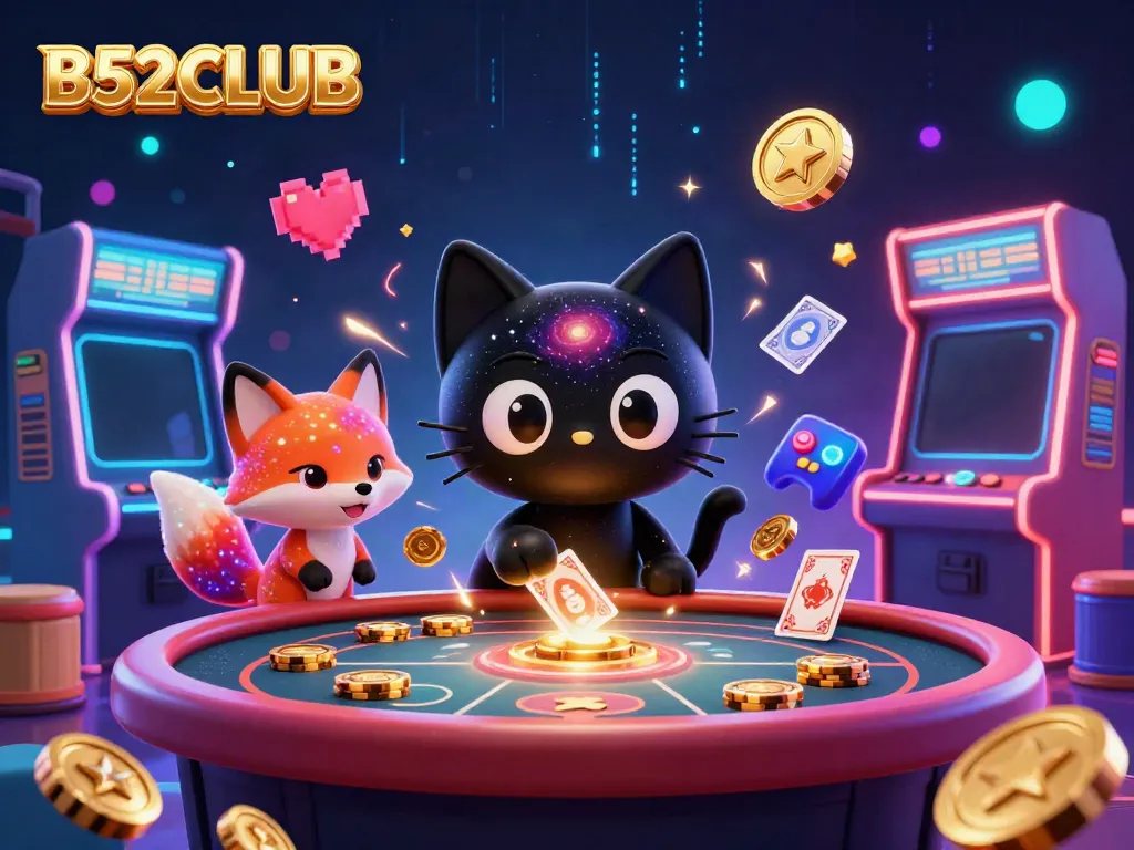 B52CLUB engages players at a cosmic casino table, with vibrant 3D gaming elements encircling a black hole cat and nebula fox.