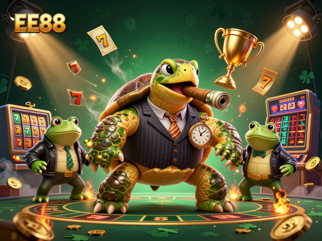Experience thrilling gameplay with EE88 in this vibrant 3D casino illustration featuring dynamic characters.