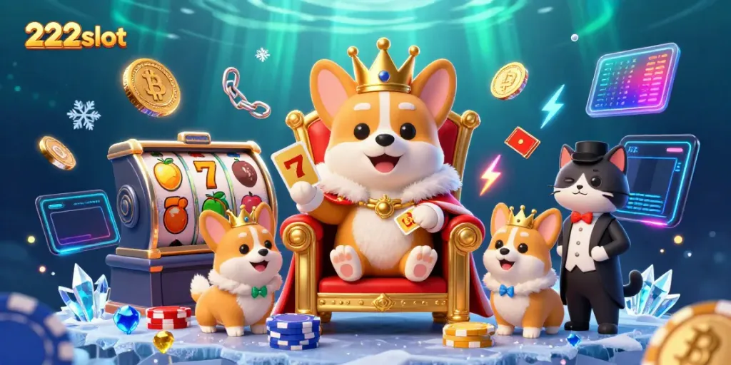 Menangkan jackpot di 222slot dengan ilustrasi corgi kerajaan dan simbol permainan kasino yang menarik.