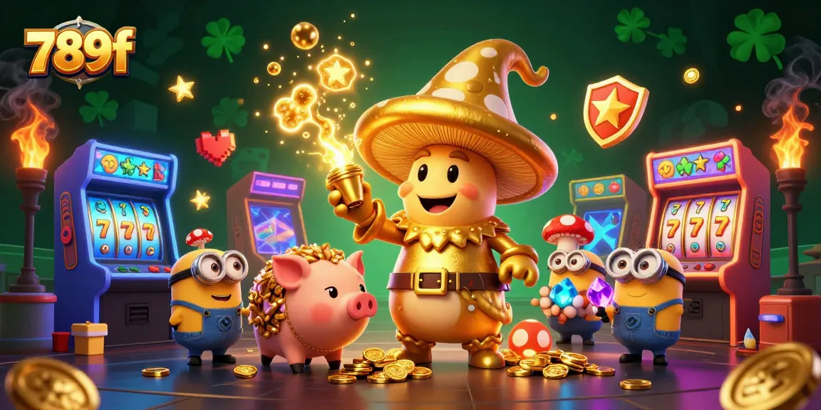 Engage with thrilling gaming experiences at 789f, featuring a golden mushroom wizard and treasures in a vibrant casino scene.