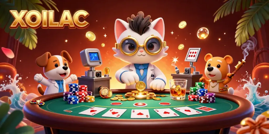 XOILAC brings excitement with a mad scientist cat and dog creating gold coins amidst a poker scene.