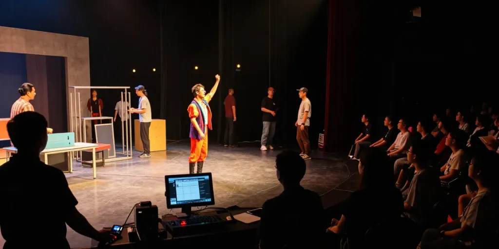 Engaging theater production showcasing a live performance with actors, sound equipment, and stage managers utilizing theatre apps.