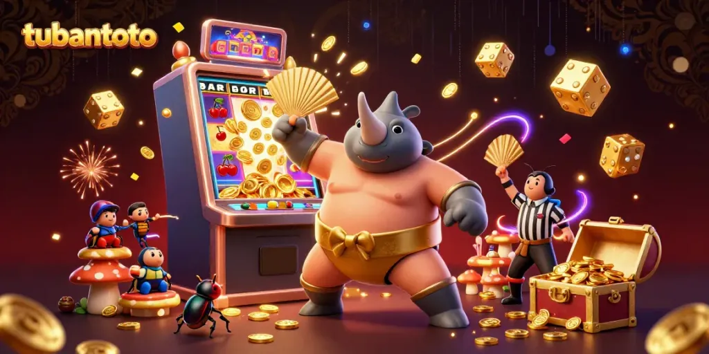 Experience the excitement of tubantoto with a vibrant casino scene featuring a sumo beetle champion and animated slot machine elements.