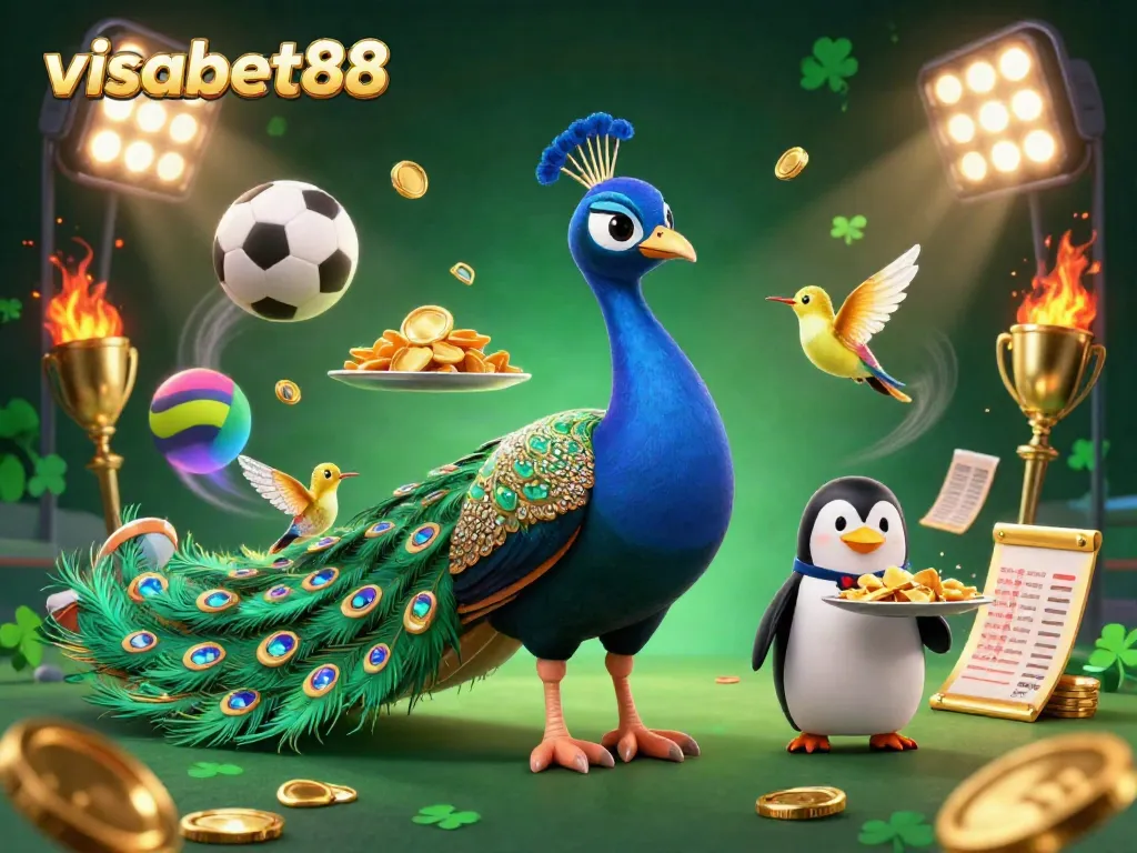 Celebrate wins with the vibrant scene of visabet88 showcasing a cartoon peacock and the exciting world of sports betting.