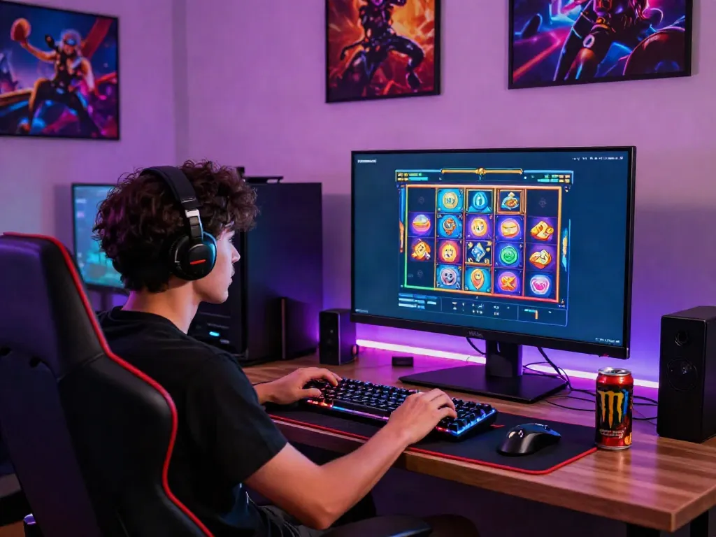 Exciting gaming scene with a player engaging in situs slot gacor on a colorful monitor, showcasing gaming accessories and vibrant atmosphere.