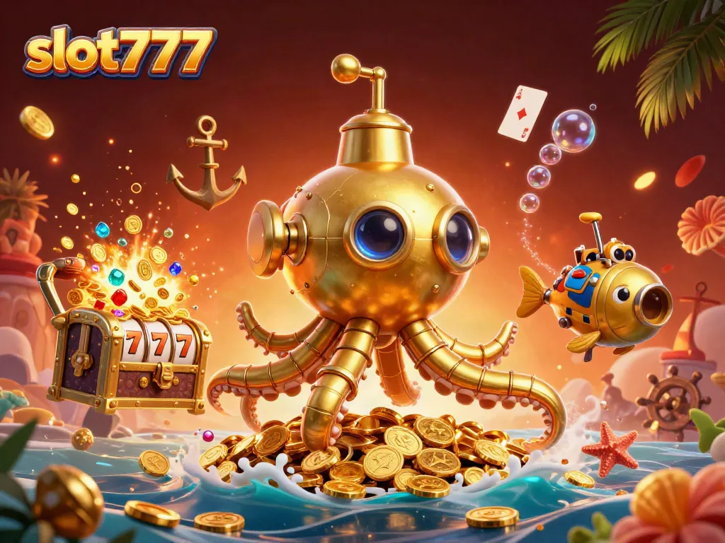 Nikmati permainan slot777 dengan simbol mesin slot dan harta karun yang berkilauan.