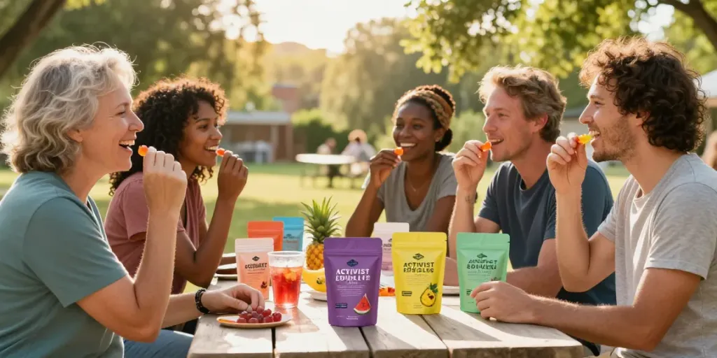 Group of friends enjoying Activist Edibles gummies in a sunny outdoor picnic setting.