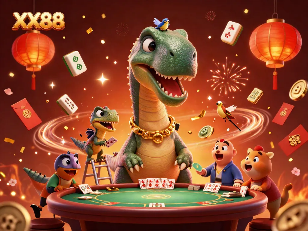 Experience the excitement of XX88 as a giant brontosaurus presides over a colorful casino scene filled with games.