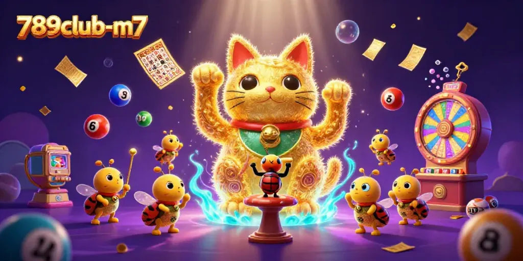 Experience excitement with 789club-m7’s vibrant casino artwork featuring a lucky cat and lottery elements.