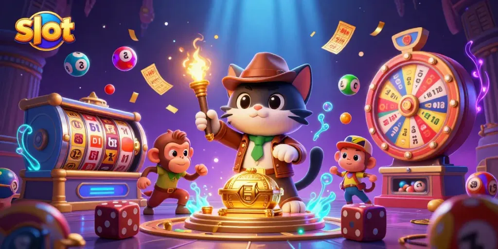 Engage in slot gaming adventures with a vibrant scene of a cat archaeologist discovering treasures.