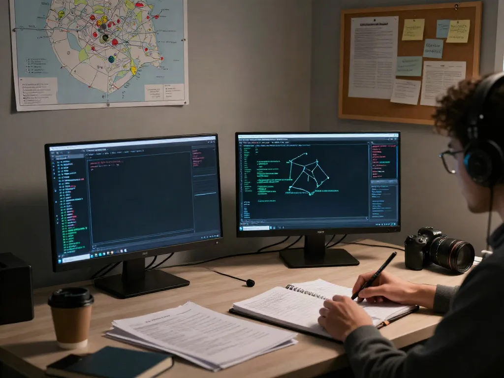 Researcher analyzing data on the hidden wiki in a dark room with monitors and notes.