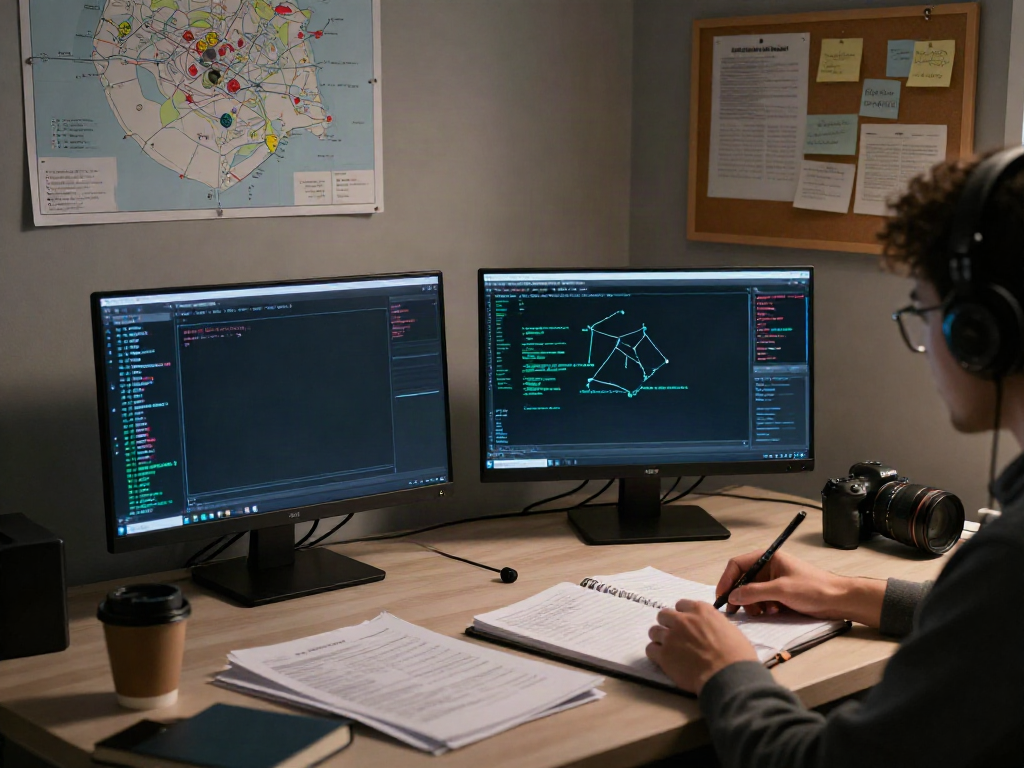 Researcher analyzing data on the hidden wiki in a dark room with monitors and notes.