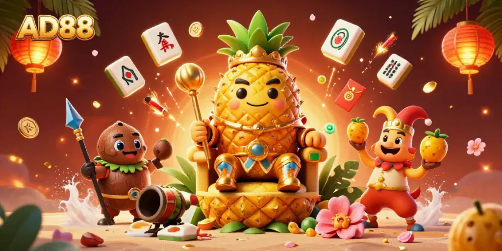 Engage in exciting gameplay with the AD88 golden pineapple king and casino characters in a vibrant beach scene.