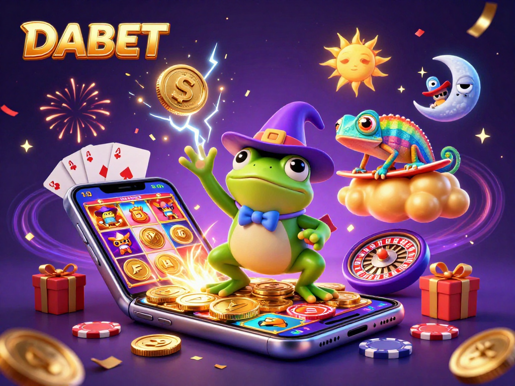 DABET players enjoy an exhilarating storm of golden coins and colorful slot games in a vibrant casino atmosphere.