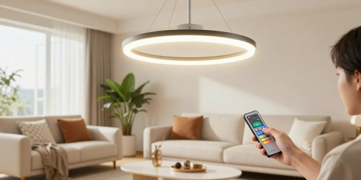 Lustra LED moderna suspendată în living, cu telecomandă, atmosferă primitoare și decor elegant.