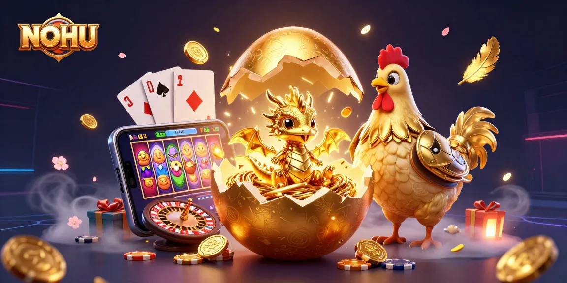 Engage with NOHU in a lively casino scene featuring a golden dragon, poker chips, and vibrant slot game elements.