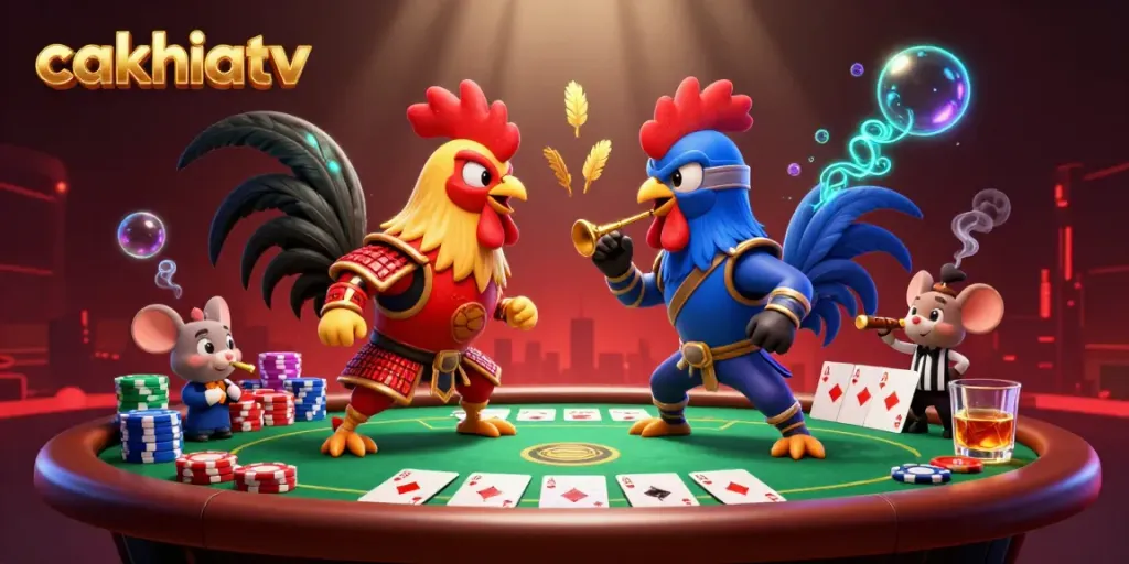 Engage with cakhiatv's thrilling 3D showdown of samurai and ninja roosters at a poker table.