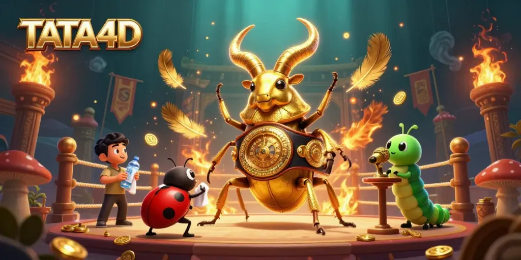 TATA4D depicts a dynamic showdown with a giant golden beetle in a boxing belt, showcasing thrilling casino elements.