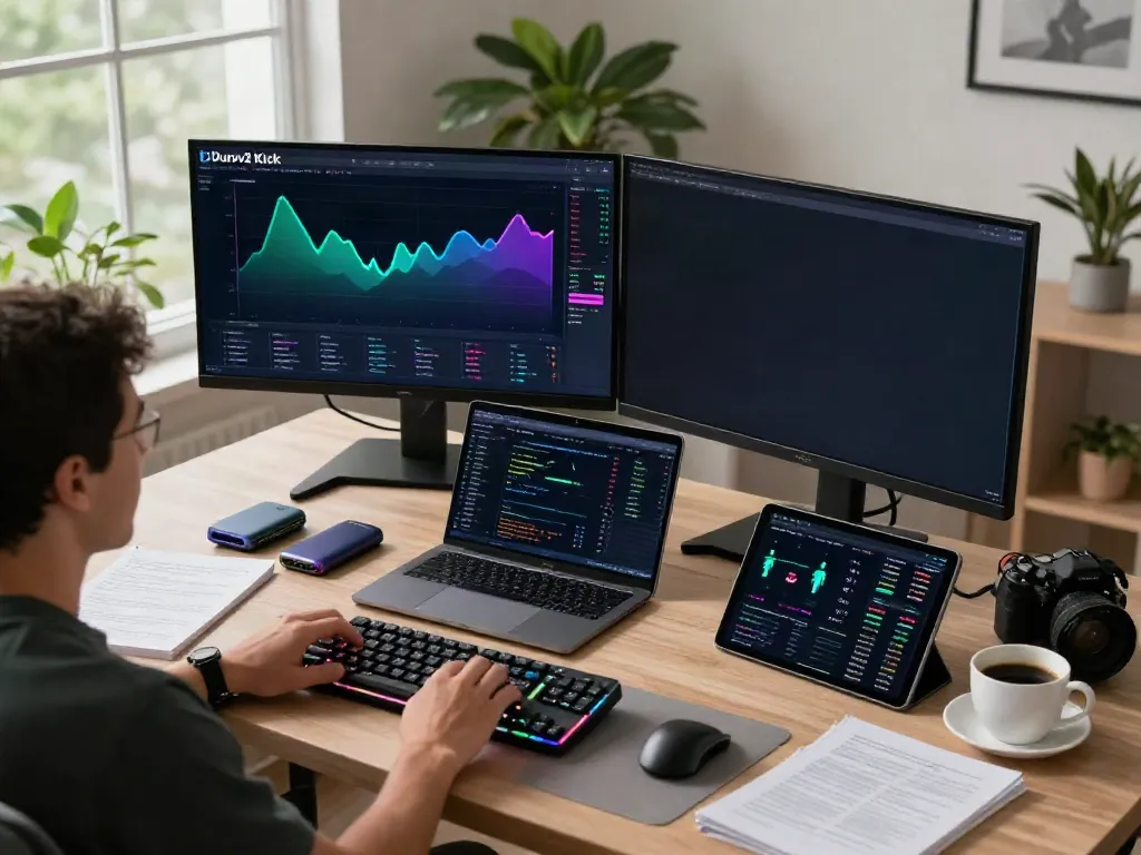 Durov2 Kick trading scene displaying cryptocurrency charts, hardware wallet, and DeFi analytics in a modern workspace.