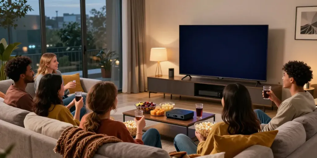 Friends enjoying a movie night with the idlix official logo illuminated on the TV screen.