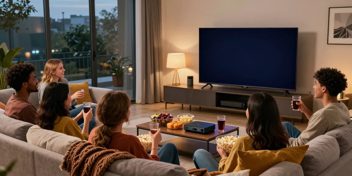Friends enjoying a movie night with the idlix official logo illuminated on the TV screen.