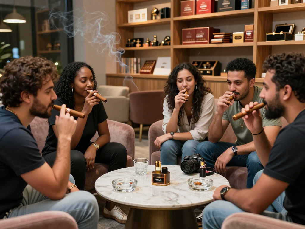 Friends enjoying cigars from rokok88 in a stylish lounge setting with premium tobacco products.
