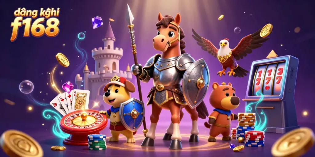 Engage in gaming excitement with đăng ký f168, showcasing medieval characters amid casino elements.