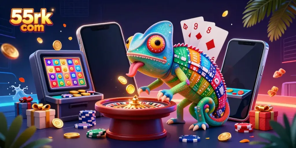 Playing exciting casino games on 55rk com with a chameleon casino owner and vibrant slot graphics