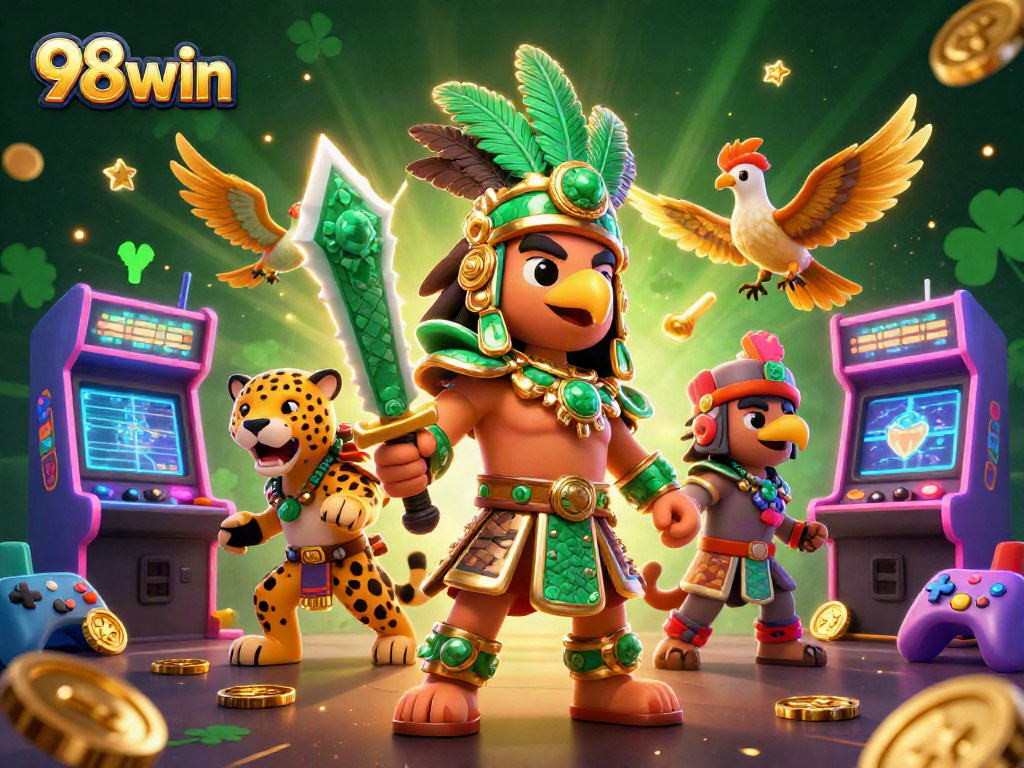 Experience the excitement of 98win with cartoon Aztec warriors amidst vibrant casino visuals.