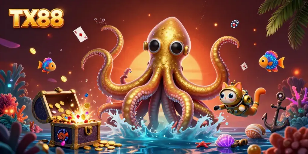 Experience the thrill of TX88 with a dynamic casino-themed underwater adventure featuring a kraken and bioluminescent creatures.