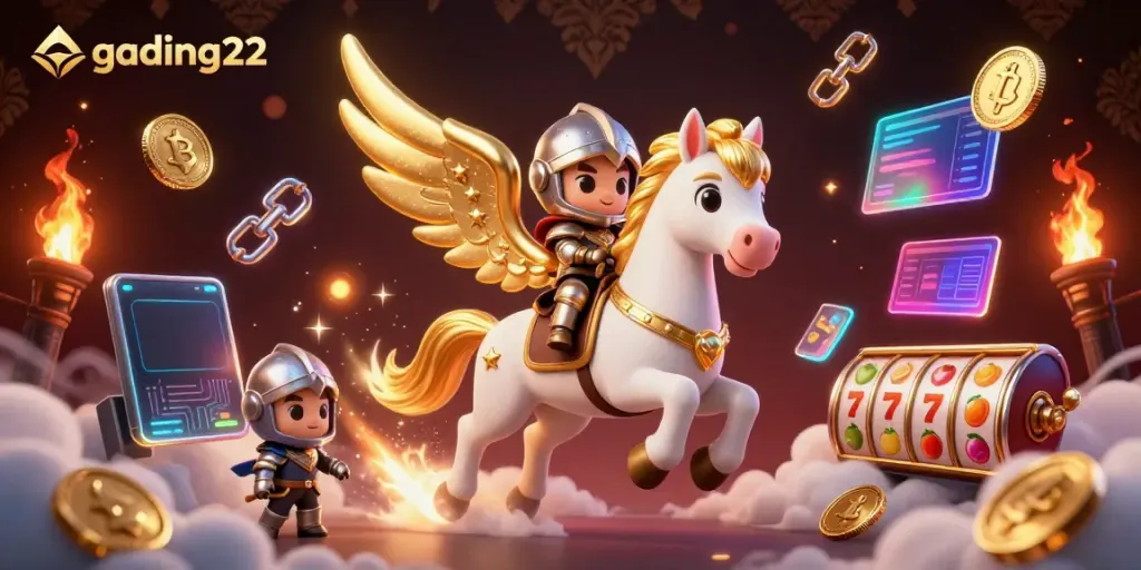 Experience the thrilling action of gading22 with a dynamic 3D casino scene featuring a celestial horse and vibrant gaming elements.