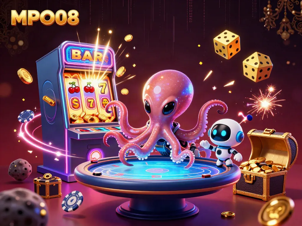 Play thrilling games at MPO08 with an alien octopus and robot companion in a vibrant casino scene.