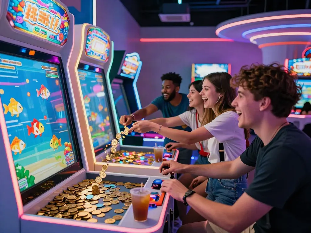 Friends playing lại là Bắn cá đổi thưởng in a lively arcade environment, showcasing colorful screens and joyful interactions.