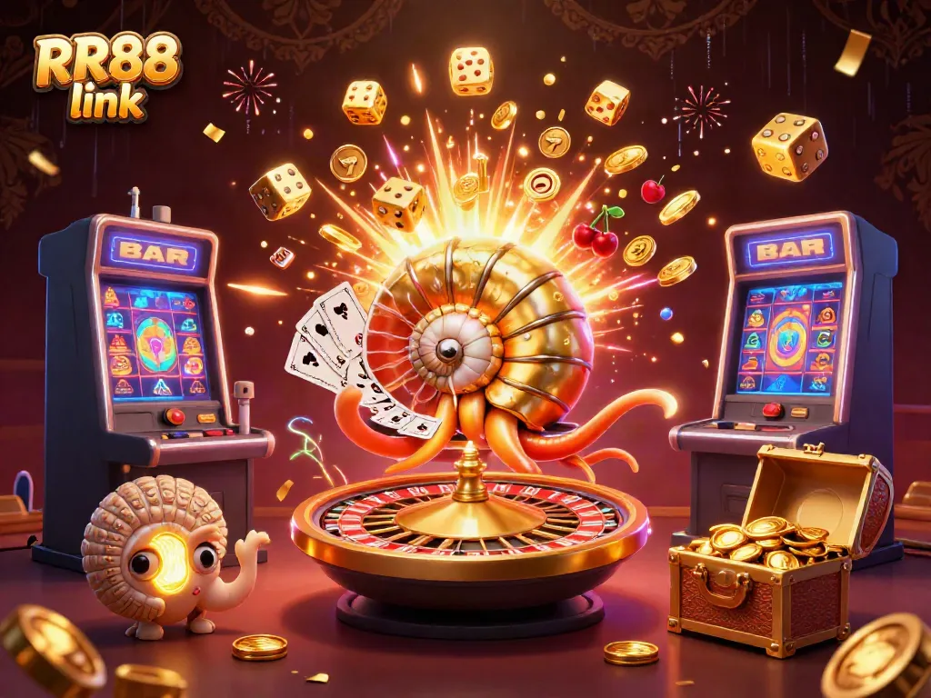 Experience the excitement of RR88 link with a vibrant 3D casino scene featuring a giant nautilus roulette wheel.
