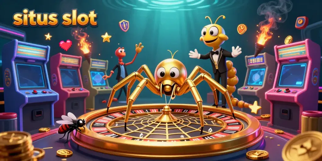 Taruhan seru di situs slot dengan laba-laba dan croupier serangga, diatur dengan elemen permainan game.