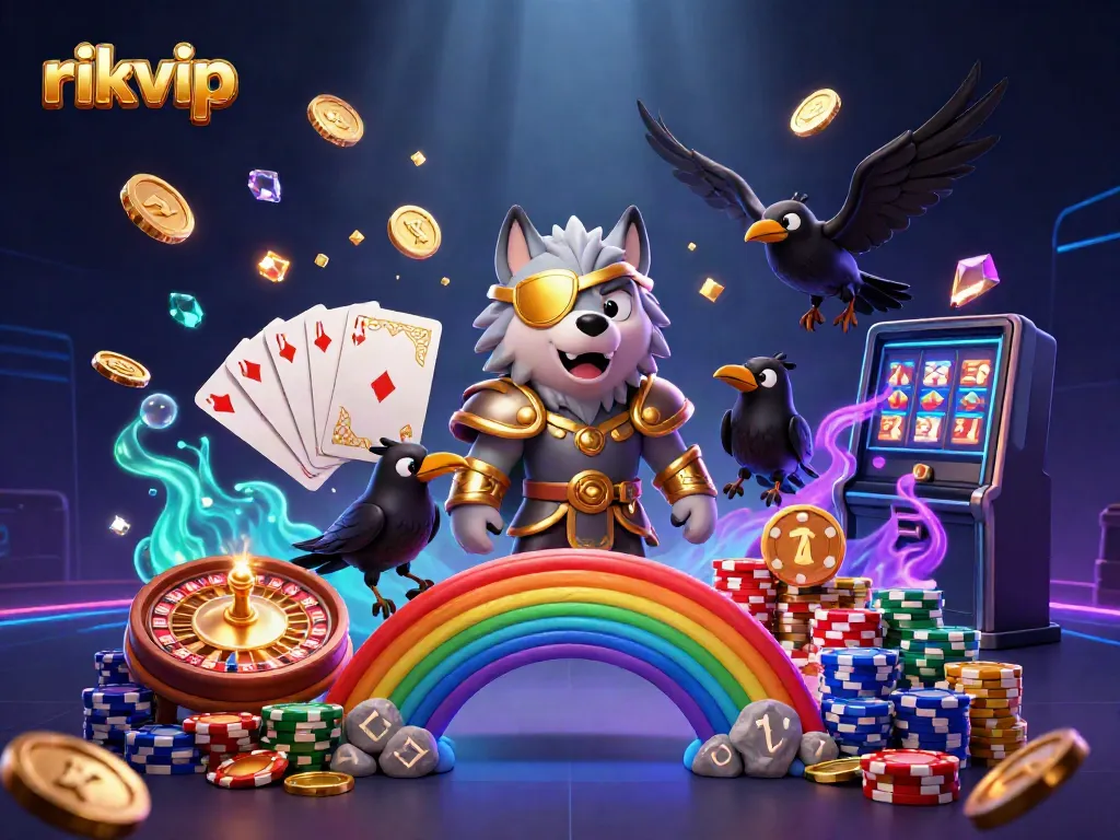 Spin the reels at rikvip with 3D Norse characters amidst casino elements and luminous effects.