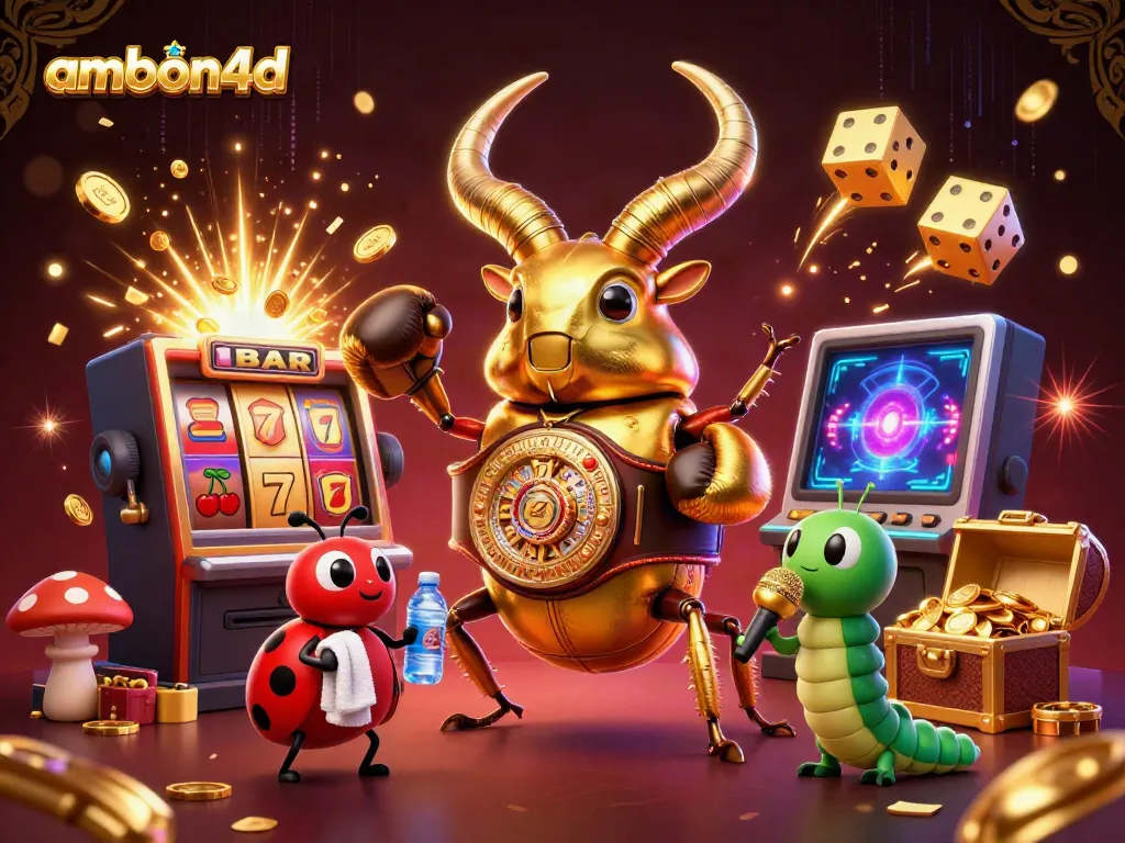 Experience thrilling gameplay with ambon4d featuring a giant beetle in a boxing arena bursting with casino elements.