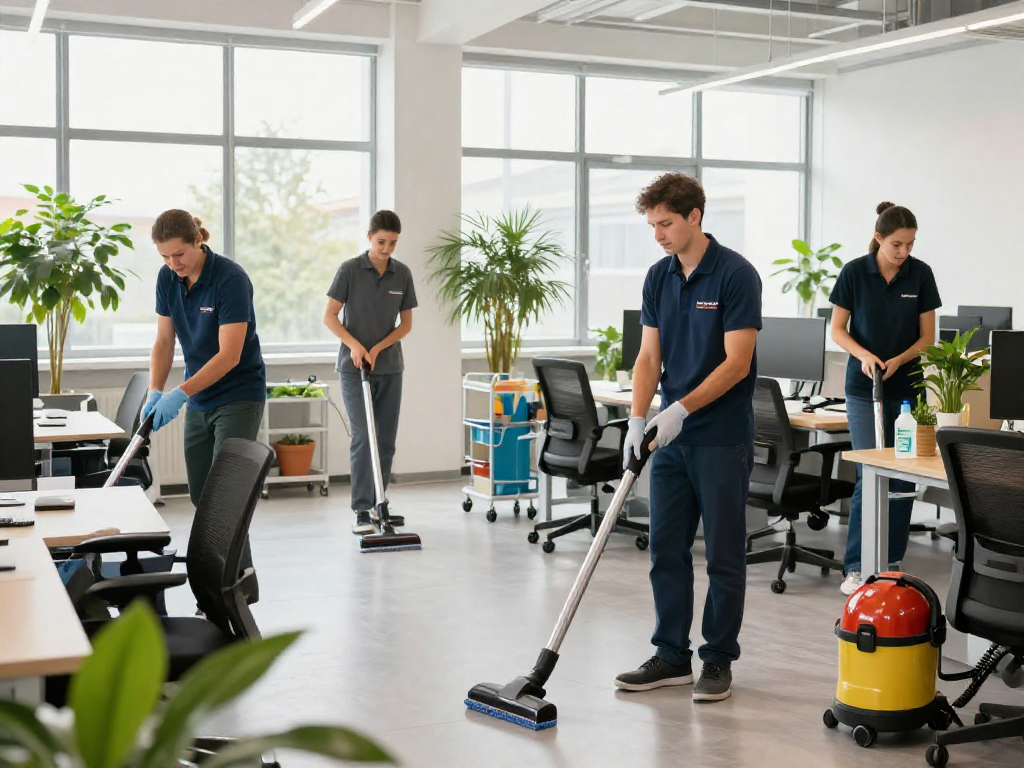 Professionelles Team der Reinigungsfirma in Dortmund bei der Büroreinigung mit umweltfreundlichen Produkten und modernem Equipment.