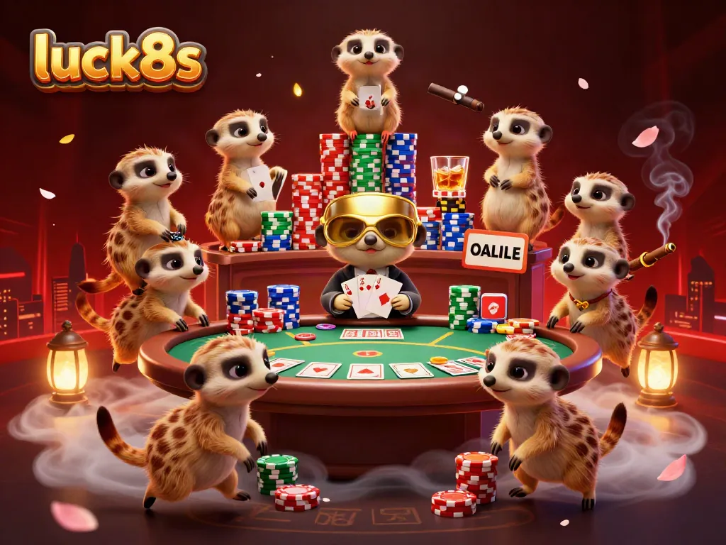Play with luck8s in a vibrant casino scene featuring playful meerkats and poker action.