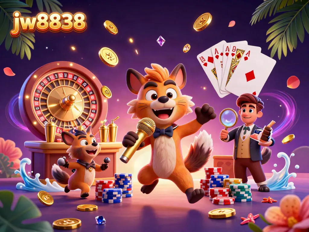 Experience the vibrant comedy casino scene with jw8838, where hyenas entertain and mix drinks amidst cascading golden coins.