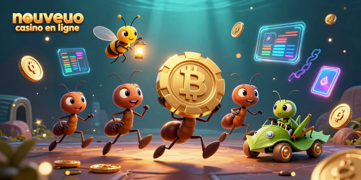 Jouer au nouveau casino en ligne avec des fourmis transportant un jeton doré, dans une ambiance ludique.