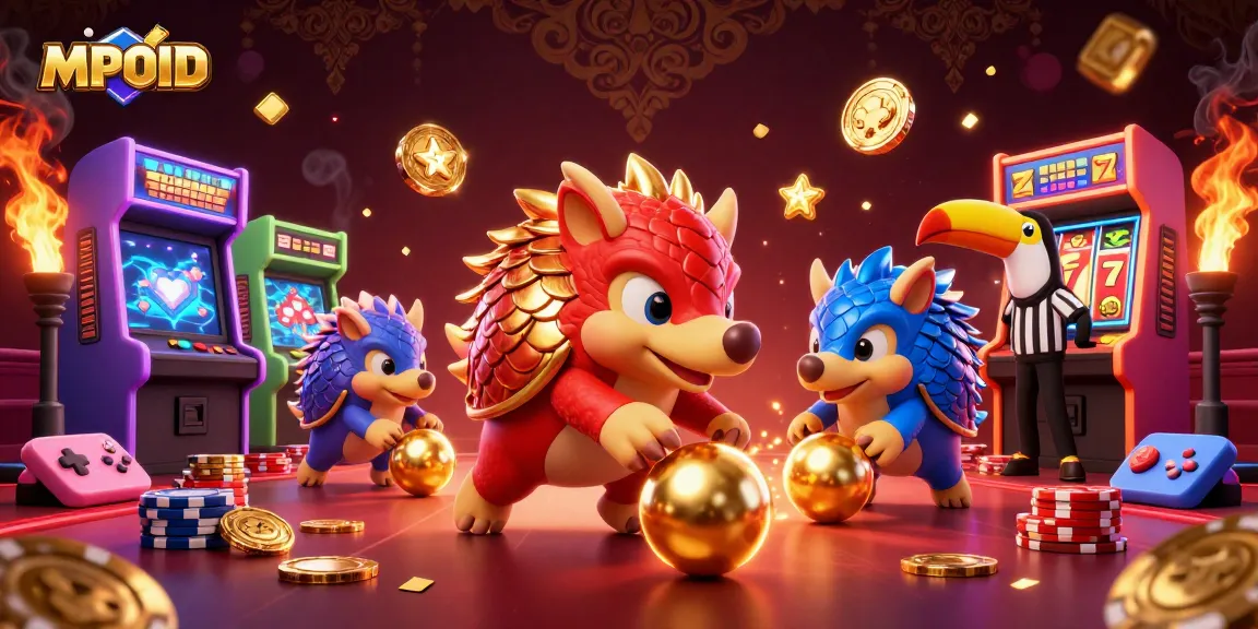 MPOID rivals compete with slot games and poker chips in a vibrant casino scene.
