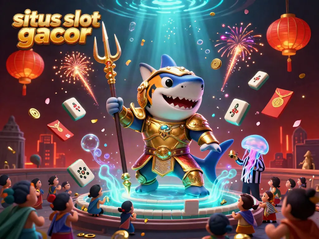 Experience big wins on situs slot gacor with a cartoon shark gladiator in an animated underwater casino.