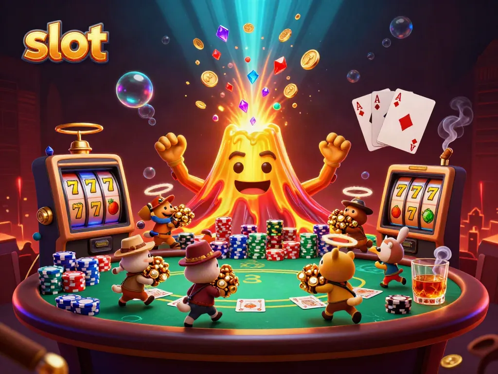 Win big at slots amidst a vibrant eruption of coins and treasures in a thrilling casino atmosphere.