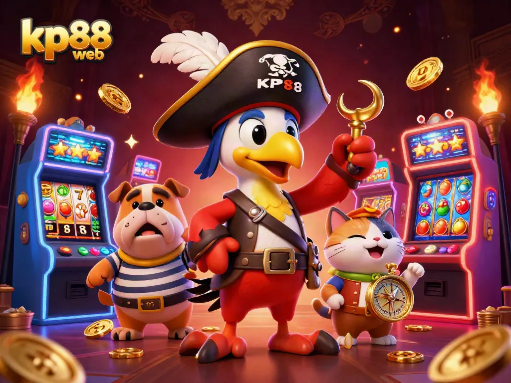 Engage with KP88 web's vibrant gambling experience amidst colorful slot reels and gaming elements.