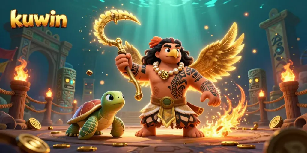 Kuwin demigod engaging in a vibrant casino battle scene with glowing tiki statues and dynamic gambling elements.