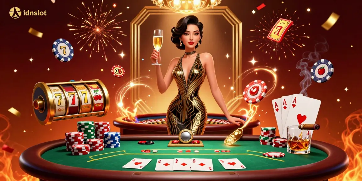 Experience the excitement of idnslot through a glamorous casino scene featuring elite gaming elements.