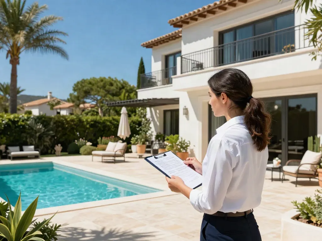 Property management Costa Blanca expert inspecting villa with clipboard in sunny Mediterranean landscape.