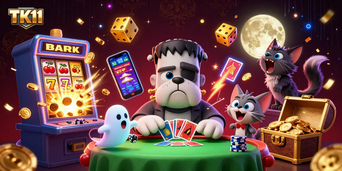 TK11 casino scene featuring Frankenstein bulldog dealing cards, jackpot slots, and a werewolf kitten.